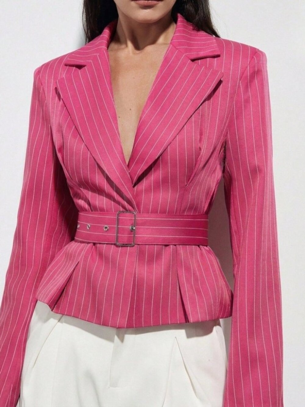 Pink Pinstripe Belted Blazer with Peplum Waist